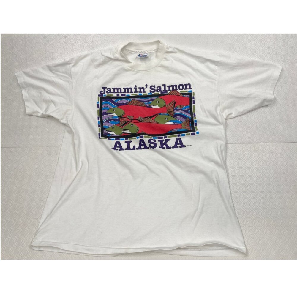 Vintage 80s Jammin' Salmon Alaska Fish T-Shirt Hanes USA Fishing Tee Men's 2XL